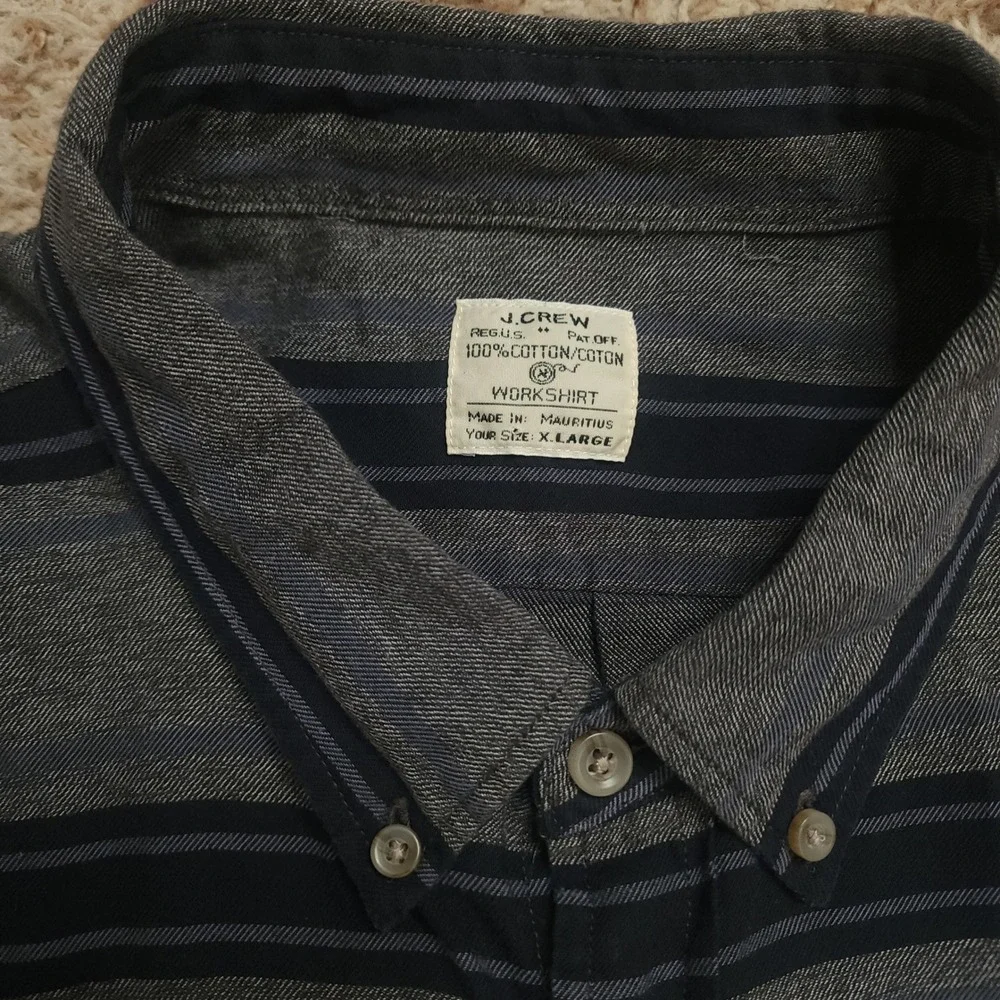 J. Crew Button Down Shirts Mens XL Blue Plaid Flannel Grey Striped Workshirt 2PK